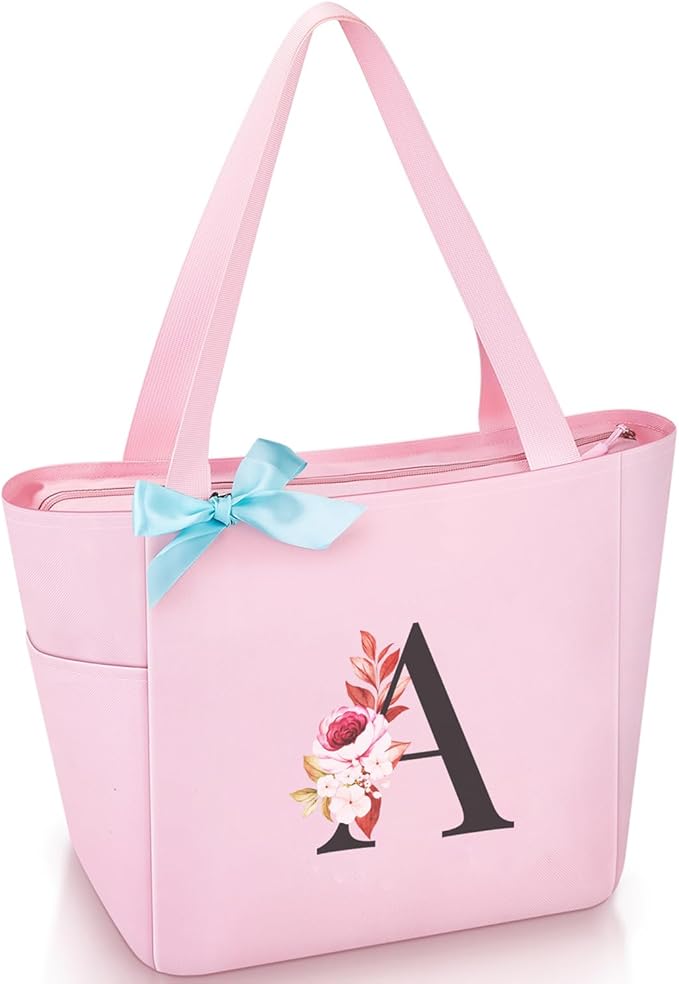 Vavabox Tote Bag, A-Z Initial Monogrammed Waterproof Tote Bag, Bridesmaid Gifts for Women, Black and Pink