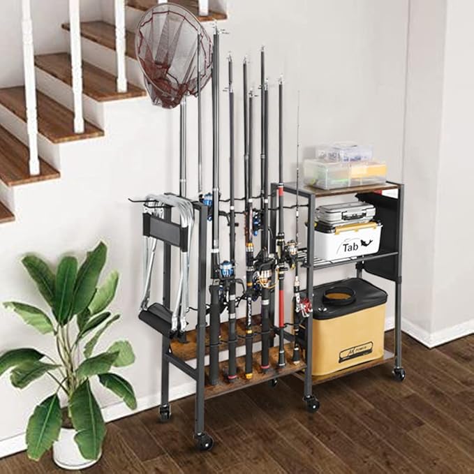 Olakee Fishing Rod Holder, Fishing Pole Holders for Garage Boat Home Entryway Fishing Gear Storage with Tackle Cart Ideal Gift for Men Dad Anglers Corner Design for Rods and Equipment Organizers