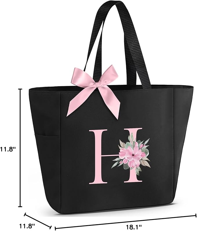 Vavabox Tote Bag, A-Z Initial Monogrammed Waterproof Tote Bag, Bridesmaid Gifts for Women, Black and Pink
