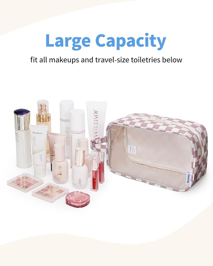 Narwey Clear Toiletry Bags for Traveling Women Men, Clear Travel Bags for Toiletries Makeup Bag Cosmetic Bag with Zipper, Make Up Organizer, Skincare Bag (Dusty Pink Checkerboard)