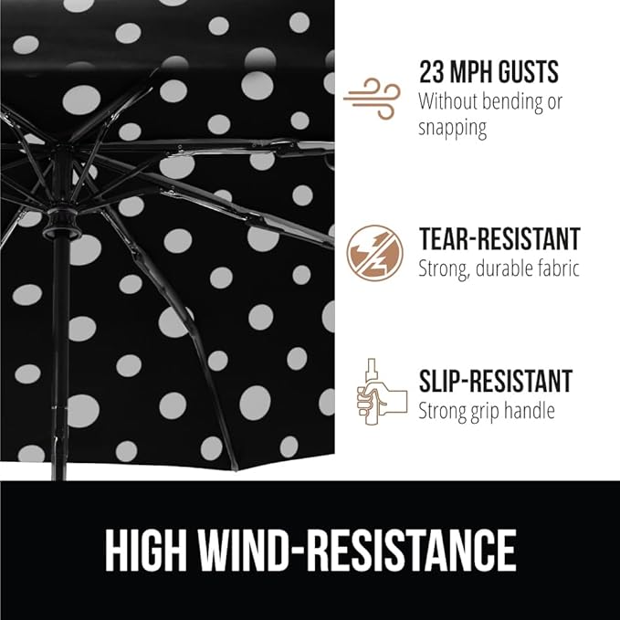 GORILLA GRIP Strong Stick Umbrella for Rain, Compact Travel One-Click Automatic Open Close, Lightweight, Portable, US Designed Reinforced Fiberglass Ribs, Wind Resistant, Easy Collapse, Polka Dots