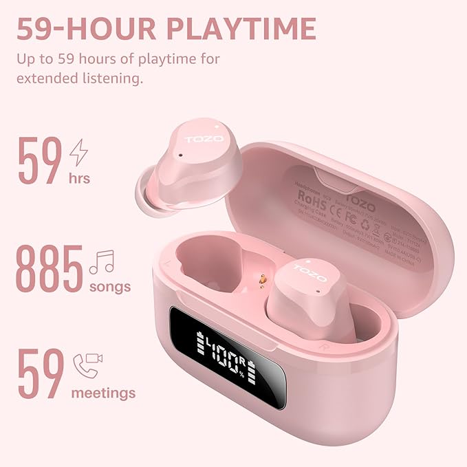 TOZO NC9 Hybrid Active Noise Cancelling Wireless Earbuds, 6 Mics ENC Clear Call, IPX8 Waterproof, in Ear Bluetooth 5.3 Headphones Stereo Bass Ear Buds 59H Playtime with LED Display 32 EQs via APP