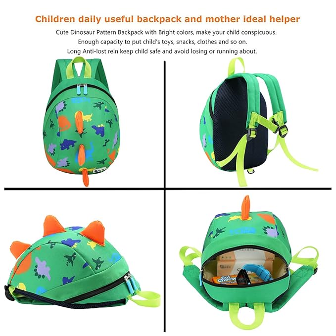 DB Dinosaur Toddler Mini Backpack with Leash, Children Kids Baby Harness Bookbag (Green)