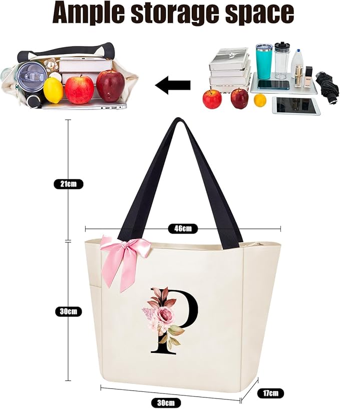 Vavabox Tote Bag, A-Z Initial Monogrammed Waterproof Tote Bag, Bridesmaid Gifts for Women, Black and Pink