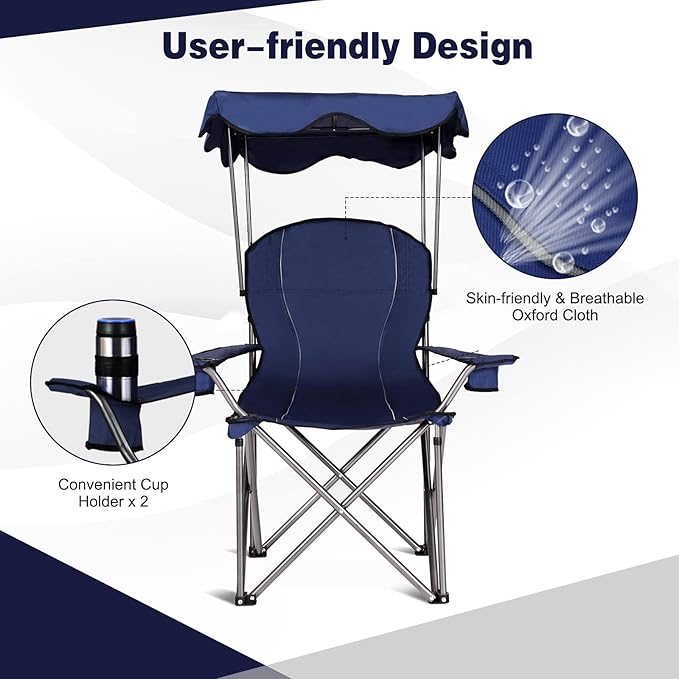 S AFSTAR Safstar Folding Camping Chair with Canopy, Portable Lawn Beach Canopy Chair with Cup Holder & Carry Bag, Load Bearing Up to 265LBS, Folding Chair for Outside Outdoor Travel Hiking Fishing