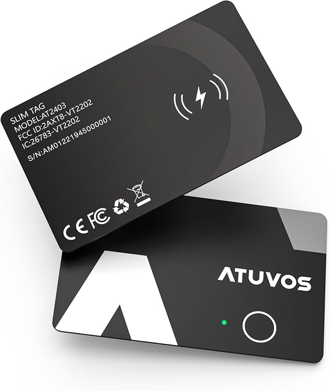 [2025 Apple MFi Certified] ATUVOS Rechargeable Wallet Tracker Card, Ultra Slim 1.6mm Wallet Card Tracker Tag Works with Apple Find My (iOS Only), Item Locator for Luggage Tags, IP67 Waterproof, 2 Pack