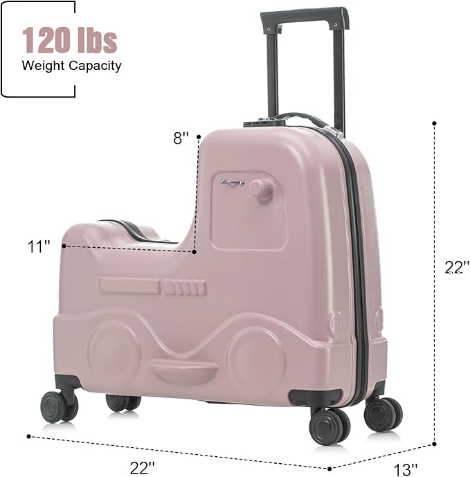 22 Inch Ride on Suitcase for Kids, Travel Luggage with Spinner Wheels for Child Travelling Stroller with Combination Lock/Safety Belt/Telescoping Handle (Pink)