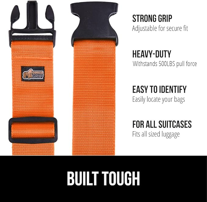 GORILLA GRIP Heavy Duty 8 Pack Adjustable Luggage Straps for Suitcases, Easy to Identify Travel Belt Connector Holds Suitcase Together, Extends Life of Bag, Strap Connects Two Bags, Accessories Orange