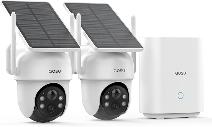 aosu Security Cameras Outdoor Wireless, 2 Cam-Kit, No Subscription, Solar-Powered, Home Security Cameras System with 360° Pan & Tilt, Auto Tracking, 2K Color Night Vision, Easy Setup, 2.4 & 5GHz WiFi