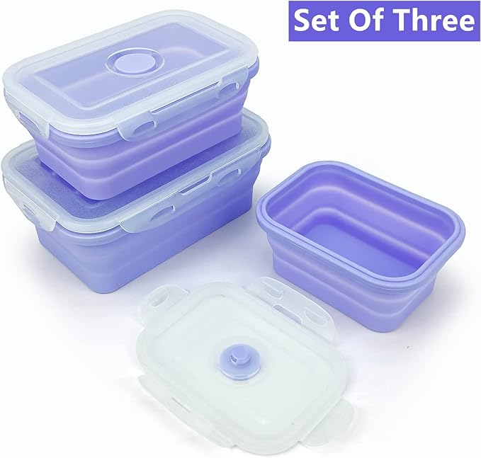 Purple Collapsible Meal Prep Containers Camping Bowls Silicone Bento Box with Airtight Plastic Lid, Microwave Safe, Portable Lunch Container, For Food Storage, Travel and Hiking, 3Pack
