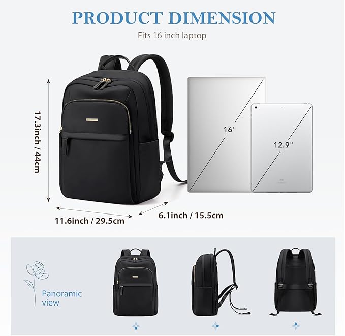 Travel Backpack for Women Personal Carry On Bag Business Weekender Hiking Multilayer Laptop Bag,16 Inch,Black