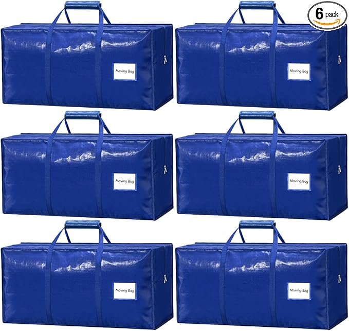 6 Pack Heavy Duty Moving Bags with Padded Wrap Around Handles-Strengthened Zipper Extra Large Storage Totes for Dorm College Clothes Blue