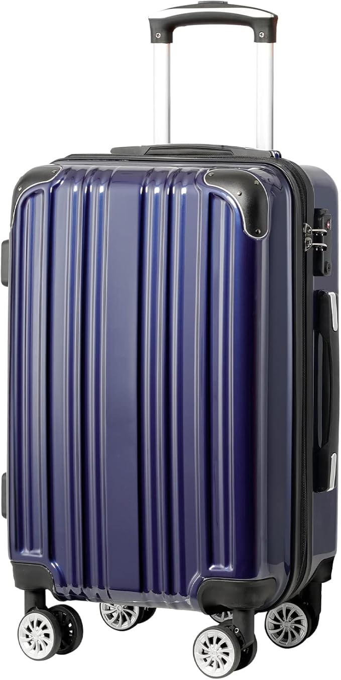 Coolife Luggage Expandable(only 28") Suitcase PC+ABS Spinner 20in 24in 28in Carry on (navy new, S(20in)_carry on)