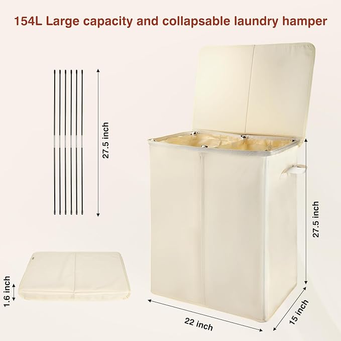 Voova 154L Double Laundry Hamper with Lid and 2 Removable Laundry Bags, Large Collapsible 2 Dividers Dirty Clothes Basket with Handles for Laundry Room, Bedroom, Bathroom, College Dorm, Beige