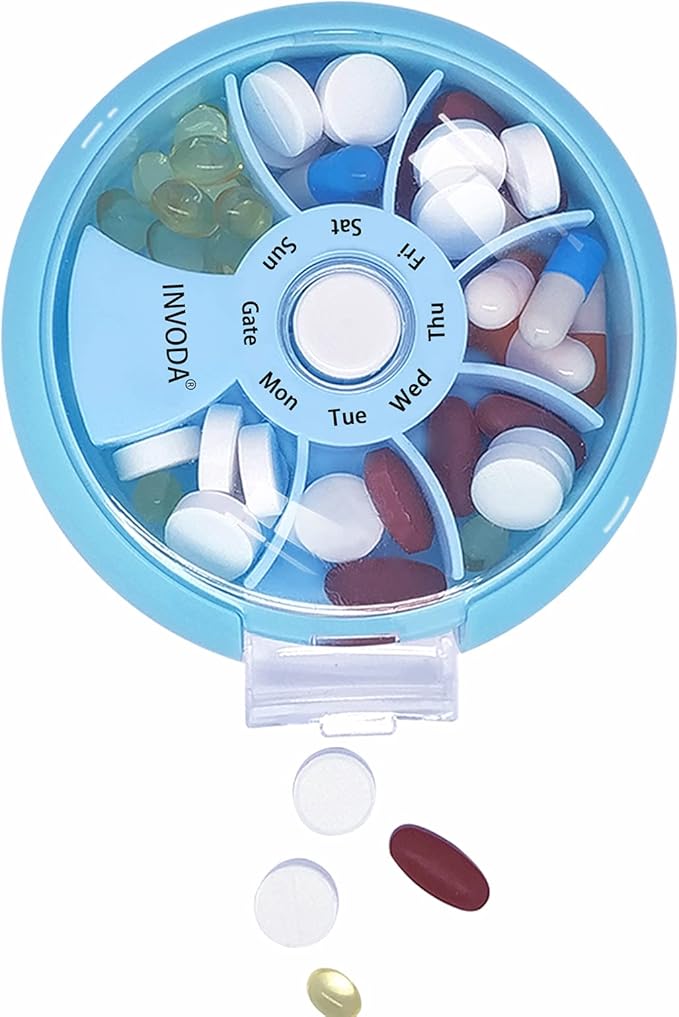 INVODA Weekly Pill Organizer 7 Compartment Rotating Pill Box for Daily Medication & Vitamins - Portable Travel Pill Case Fish Oil Supplements Vitamins Organizer (Green+Blue)