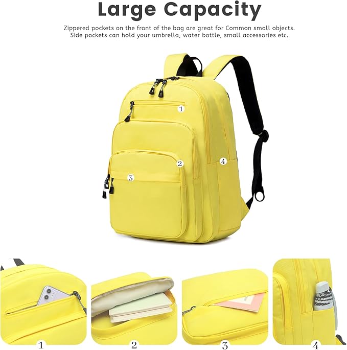 Lanola Basic Multi-Pocket Multipurpose Backpack Classical Water Resistant Student Bookbag For School Business Travel or Casual Daypack Backpacks For Men Or Women - Yellow