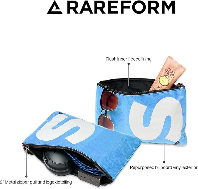 RAREFORM Essentials Organizer Pouch | Travel Accessory Bag, Protects Tech, Cosmetics, Toiletries with Inner Fleece Lining, Water-Resistant | Recycled Nylon, One-of-a-Kind, Blue