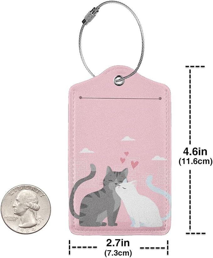 2PC Cats in Love Pattern Luggage Tag with Pink Background, Sublimation Printed Travel Suitcase Baggage Identifiers Tags for Women Men Couple Mr Mrs Children Kids Honeymoon Wedding Gift