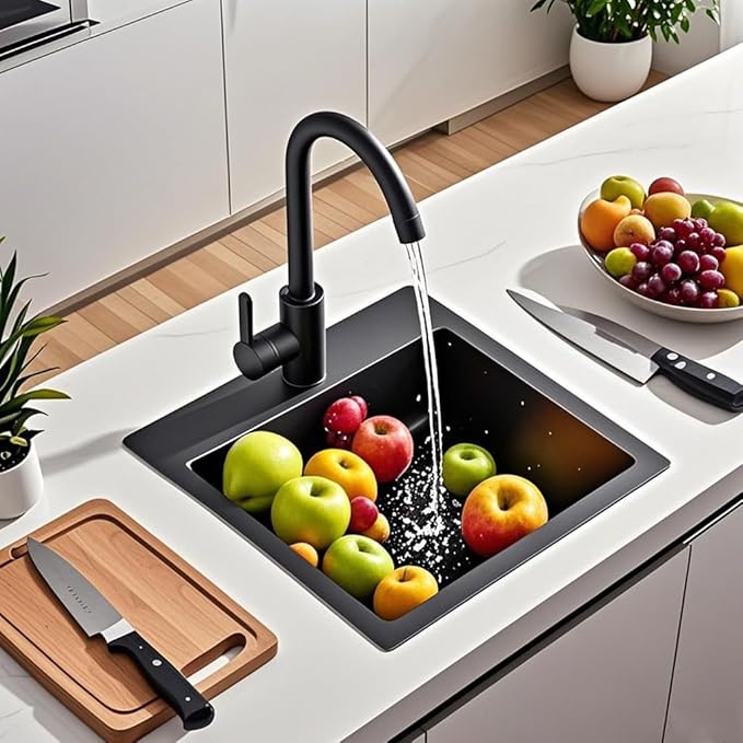 ARTLINE 15 x 15 Inch Black Drop in Bar Sink, Stainless Steel Single Bowl Kitchen Sink, Small Topmount 9 Inch Deep Wet Bar sink for Outdoor Prep RV Yard Laundry Utility with Dish Grid & Drain