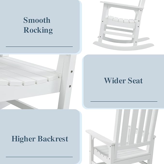 Psilvam Oversized Outdoor Rocking Chair, with 21" Wide Seat and 32" Tall Backrest, Pre-Assembled with Most Components for Effortless Installation (White)