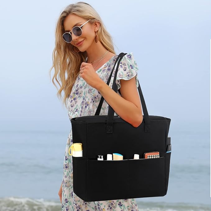 LEDAOU Beach Bag Waterproof Sandproof Women Tote Bag Pool Bag with Zipper for Gym Grocery Travel with Wet Pocket