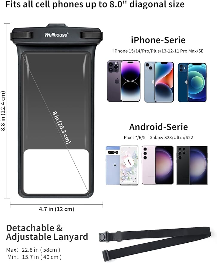 wellhouse Waterproof Phone Pouch, Waterproof Phone Case for iPhone 16 15 14 13 12 Pro Max XS Samsung, IPX8 3D Cellphone Dry Bag Beach Essentials (2 Pack - Black & Green 8.0", 8 inch)