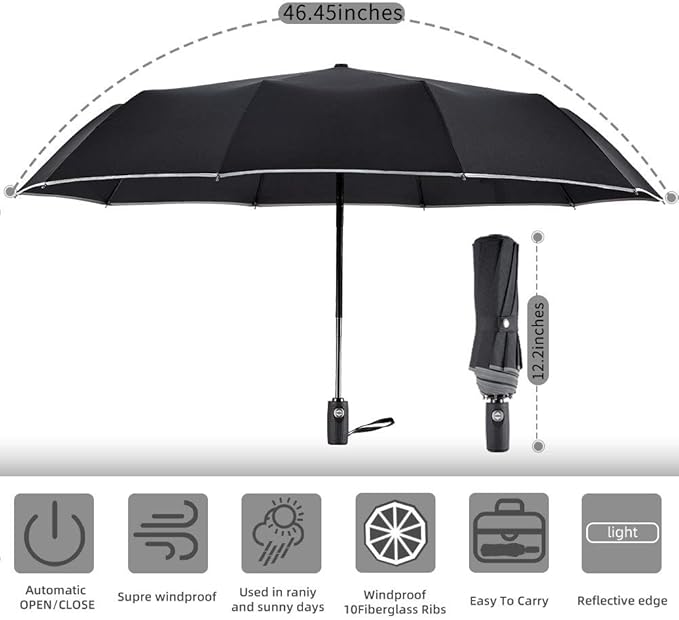 FDJASGY Windproof Travel Umbrella with Teflon Coating Auto Open Close Lightweight Sun&Rain Umbrella with 10 Rib Construction and Reflective Stripe Zipper Pouch