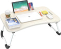 BUYIFY Folding Lap Desk, 23 Inch Portable Wood White Oak Laptop Bed Desk Lap Desk with Cup Holder, for Working Reading Writing, Eating, Watching Movies for Bed Sofa Couch Floor