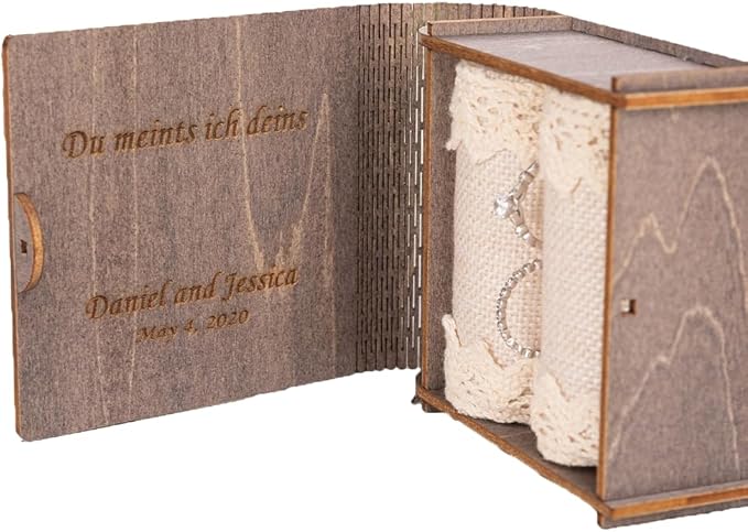 Personalized Double Ring Box – Rustic Wooden Engagement & Wedding Ring Holder with Wedding Ring Bearer Pillow - Engraved Proposal Jewelry Case Gift