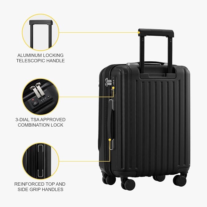 LEVEL8 Grace Carry On Luggage Airline Approved, 20 Inch Expandable Hardside Carry On Suitcase With Wheels, Abs+Pc Small Luggage with Tsa Lock, Black, 20-Inch