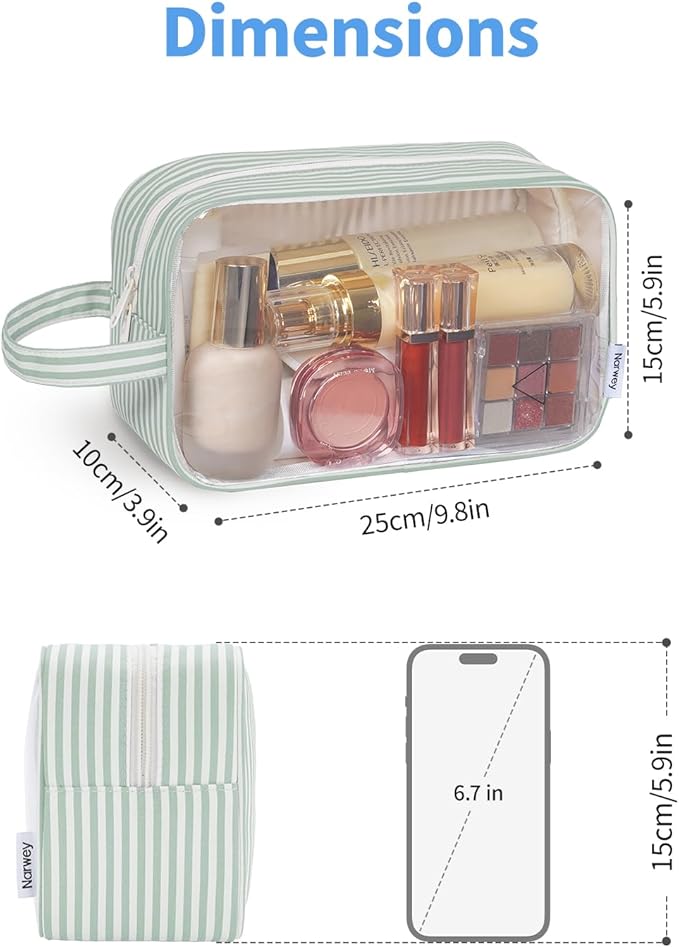Narwey Clear Toiletry Bags for Traveling Women Men, Clear Travel Bags for Toiletries Makeup Bag Cosmetic Bag with Zipper, Make Up Organizer, Skincare Bag (Mint Green Stripe)