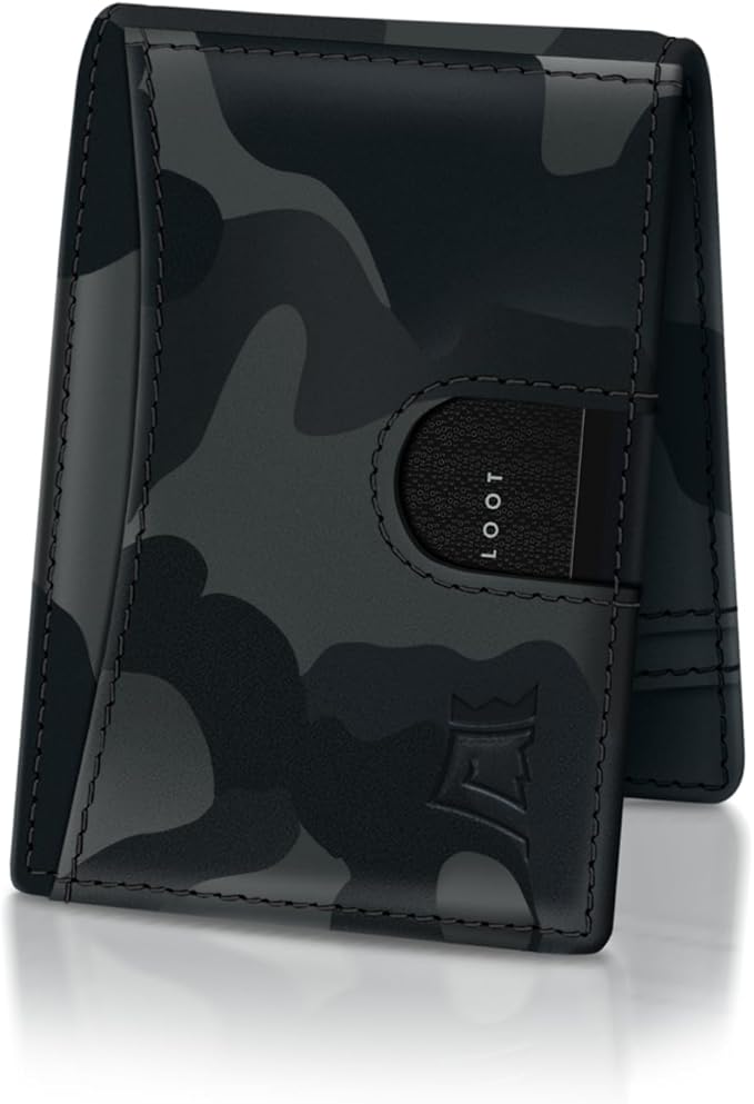 Kings Loot Money Clip Slim Minimalist Wallet for Men | RFID Blocking Leather Design with Money Clip | Front Pocket Bifold Holds 12 Cards | Stylish & Compact Wallets (Camo Black)