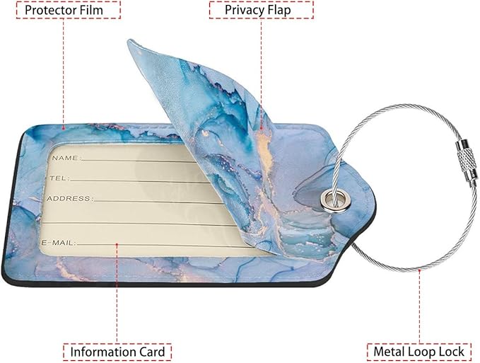 Blue Gold Marble 2 Pack Luggage Tag for Suitcase, Cute Unique Leather Bag Tags Identifiers Privacy Cover ID Label with Steel Loop for Women Men Kids Girls Travel