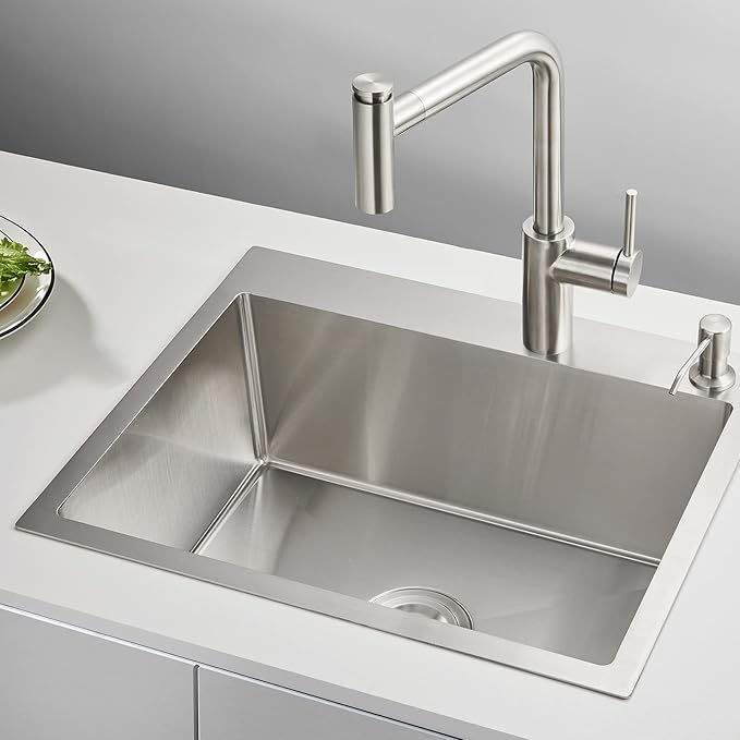 POPFLY 22 Inch Kitchen Sink, 22 x 18 Inch Drop in 18 Gauge Stainless Steel Single Bowl Laundry Sinks 2 Holes Top mount Handmade Utility Small Bar Deep Sink, Brushed
