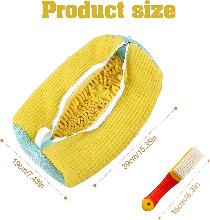 Shoe Washing Machine Bag 2PCS，Laundry Shoe Bag For Washer And Dryer，Reusable Shoe Cleaning Bag for All Shoe Types And Sizes，360°Wrap-around Shoe Washing Bag with One Shoe Brush(Yellow & Blue)
