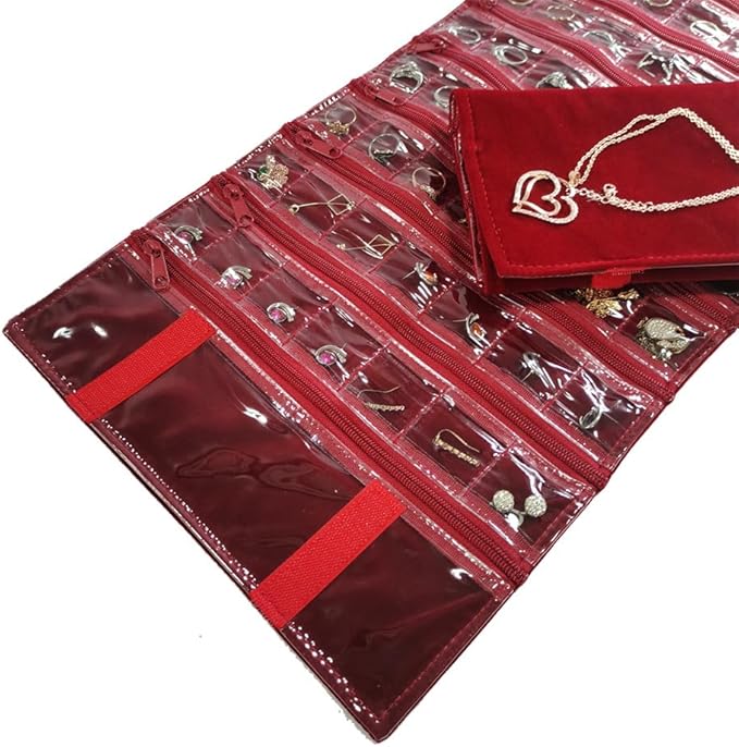 Travel Jewelry Roll Bag Portable Organizer Pouch With Grids&PVC Cover Storage Bags for Necklace, Bracelet, Bracelet,Ring, Badge, Pendant