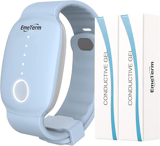 EmeTerm Fashion Anti-Nausea Wristband Relieve Morning Motion Travel Sickness Rechargeable Drug Free Bands Without Side Effects - Extra 2pack Conductive Gel (Blue - Extra 2pack Conductive Gel)