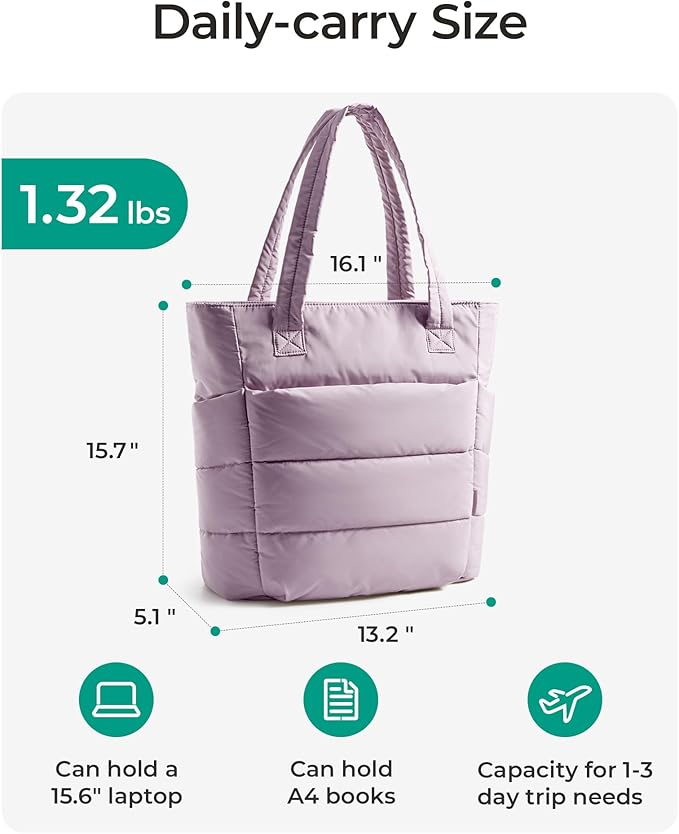 BAGSMART Tote Bag for Women, Lightweight Puffy Tote Bag with Compartments Shoulder Bag Handbag for Travel, Work, Gym,