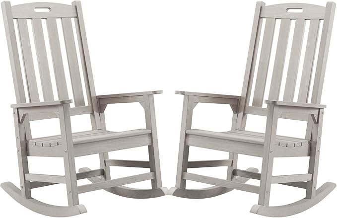 Psilvam Oversized Outdoor Rocking Chair Set of 2, Porch Rocker with 21" Wide Seat and 32" Tall Backrest, Pre-Assembled with Most Components for Effortless Installation (Grey)