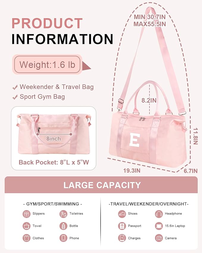 Initial Travel Duffel Bag Sports Gym Bag for Girls Teen Birthday Gifts,Pink Personalized Weekender Carry On Tote Bags for Women Men,Waterproof Overnight Luggage Bag with Trolley Sleeve(Letter E)