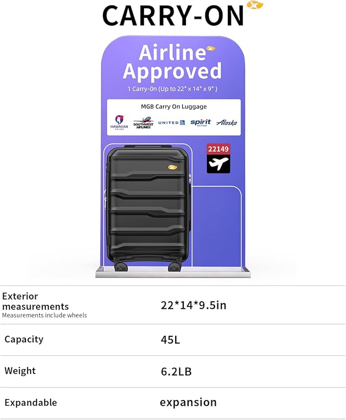 Carry On Luggage 22x14x9 Airline Approved, 20 Inch Ultra Lightweight Hardshell Suitcase with 8 Spinner Wheels & TSA Lock, Fits United, Delta, American Airlines Overhead Bins, Black