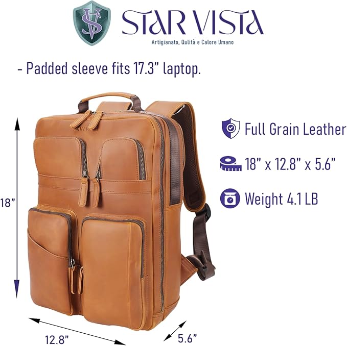 STAR VISTA Angelo 17.3" Vintage Full Grain Leather Laptop Backpack for Men, Multi Pockets, Casual Outdoor Business Travel Rucksack, YKK Zippers, Light Brown