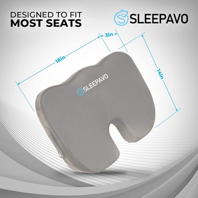 Sleepavo Office Chair Cushion - Seat Cushion for Tailbone Pain Relief - Butt Pillow for Coccyx, Sciatica, and Lower Back Pain - Orthopedic Chair Pad for Lumbar Support in Office Desk (Gray)