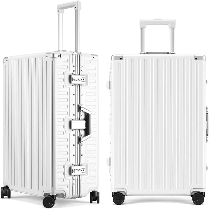 ROAMING Zipperless Luggage 22 Inch with Aluminum Frame, Polycarbonate Trunk-Medium Lightweight Hard Shell Suitcase with Spinner Wheels, Metal Travel Luggage with Double Tsa Locks, Shell white
