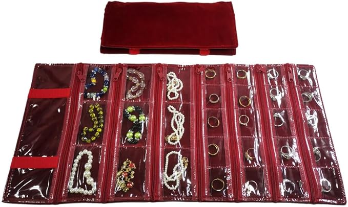 Travel Jewelry Roll Bag Portable Organizer Pouch With Grids&PVC Cover Storage Bags for Necklace, Bracelet, Bracelet,Ring, Badge, Pendant