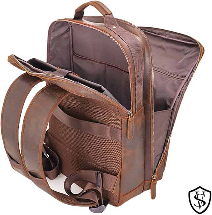 STAR VISTA Angelo 17.3" Vintage Full Grain Leather Laptop Backpack for Men, Multi Pockets, Casual Outdoor Business Travel Rucksack, YKK Zippers, Dark Brown