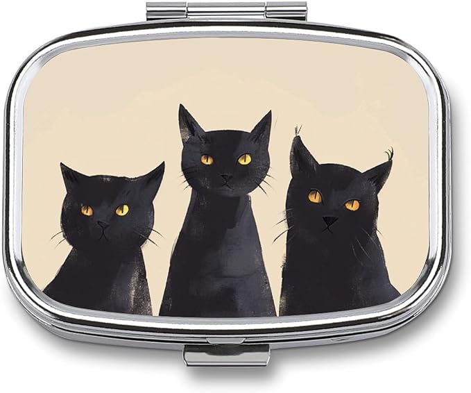 Metal 2 Compartment Pill Organizer Travel Friendly Portable Compact Pill Box Cute Pill Case to Hold Vitamins,Fish Oil,Supplements,Meds,Tablet for Purse,Pocket. (Three Cats)