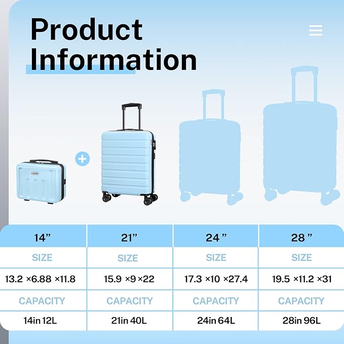 AnyZip 21" Carry On Luggage and 14" Mini Cosmetic Cases Luggage Set Hardside PC ABS Lightweight USB Suitcase with Wheels TSA for kids (2-Piece Set (14/21),Light blue)