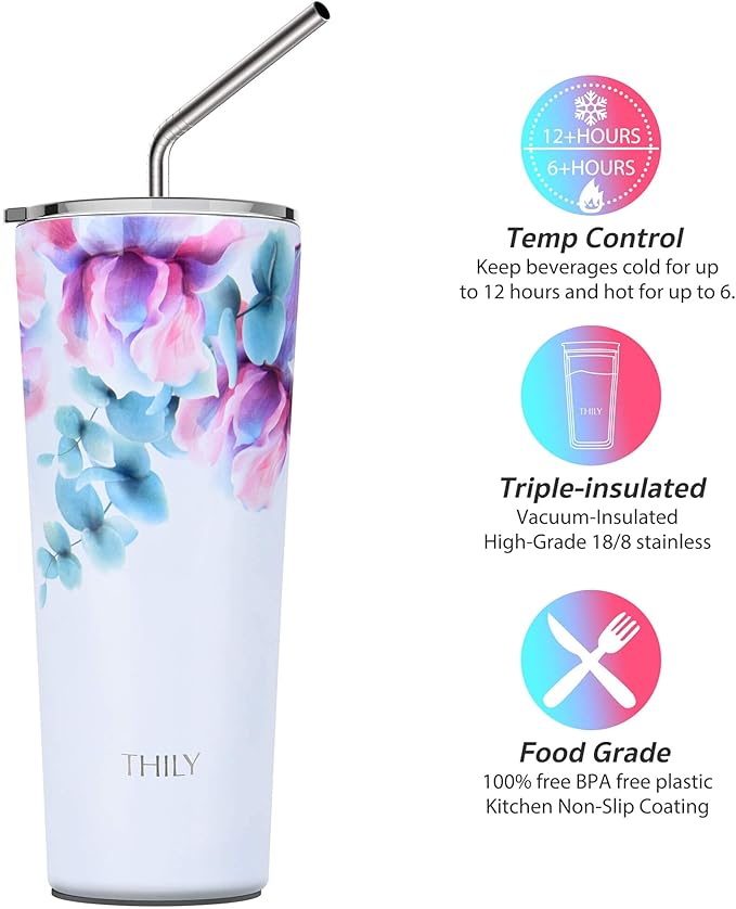THILY Stainless Steel Vacuum Insulated Tumbler 26 oz Triple-Insulated Travel Mug with Splash-Proof Lid, for Iced Coffee and Hot Beverage, Pink Lilies + Blue Maple