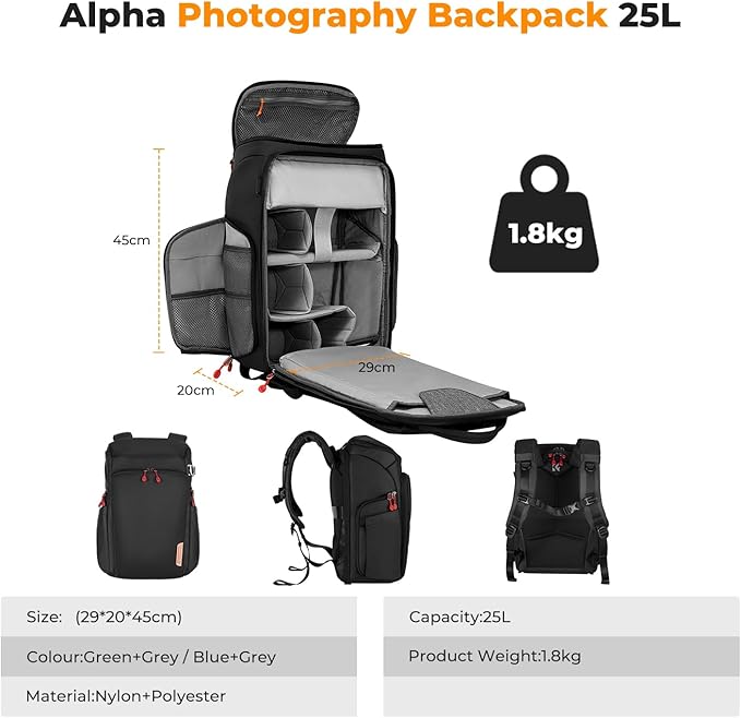 K&F CONCEPT Camera bags Waterproof 25L Large Capacity Camera Case with Raincover Camera Case 15.6 Inch Laptop Compartment Compatible with Canon/Nikon/Sony/DJI Mavic Drone Travel Camera Backpack